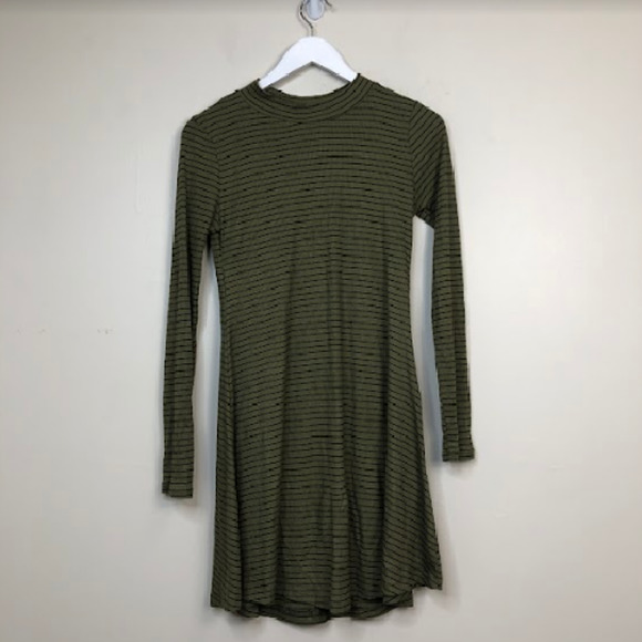 Lush Clothing Women's Striped Print Long Sleeve Crew Neck Mini Dress Green L, - Picture 1 of 2